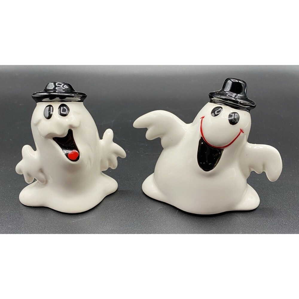Vintage Halloween Happy Ghost Figurines Black Hat Lot 2 L&L Dallas 3"